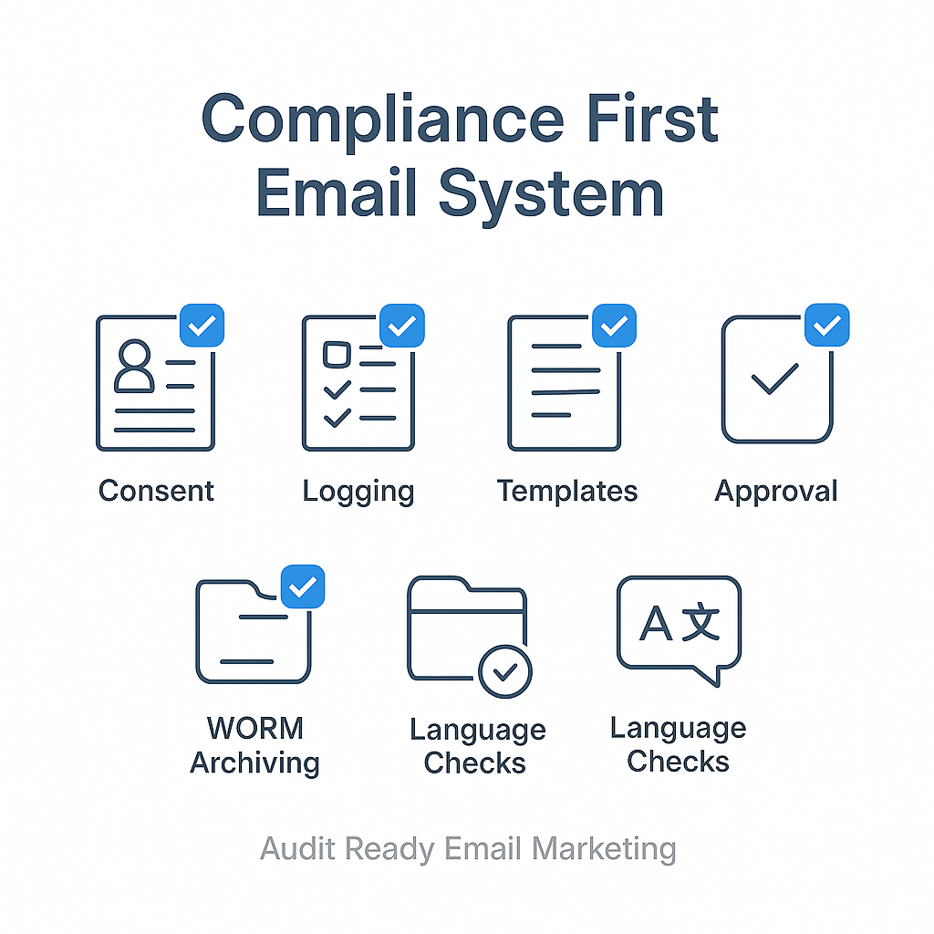 Minimal infographic checklist titled 'Compliance First Email System' with four icons labeled Consent Logging, Templates, Approval, WORM Archiving; subtitle 'Audit Ready Email Marketing' and 'Language Checks' on a white background with simple blue accents