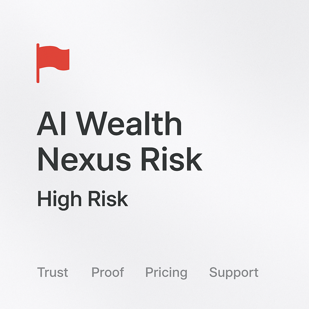 Minimalist infographic: red flag icon top-left; title 'AI Wealth Nexus Risk' centered; subtitle 'High Risk'; footer 'Trust Proof Pricing Support'; blurred white and gray background