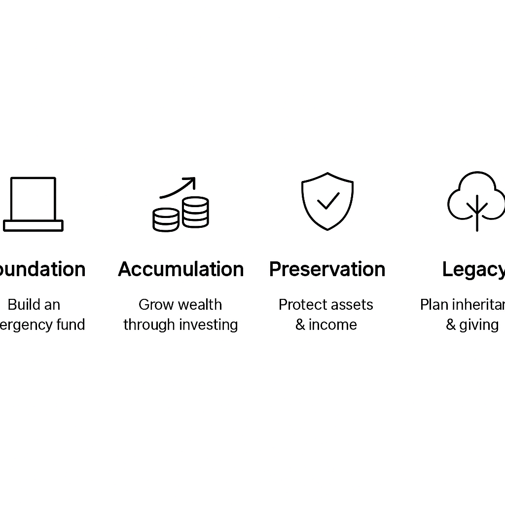A minimalist infographic with four columns from left to right: Foundation, Accumulation, Preservation, and Legacy. Each column has a short goal and a clean icon. The text is black on a white background, with ample white space, no numbers, and no extra text.
