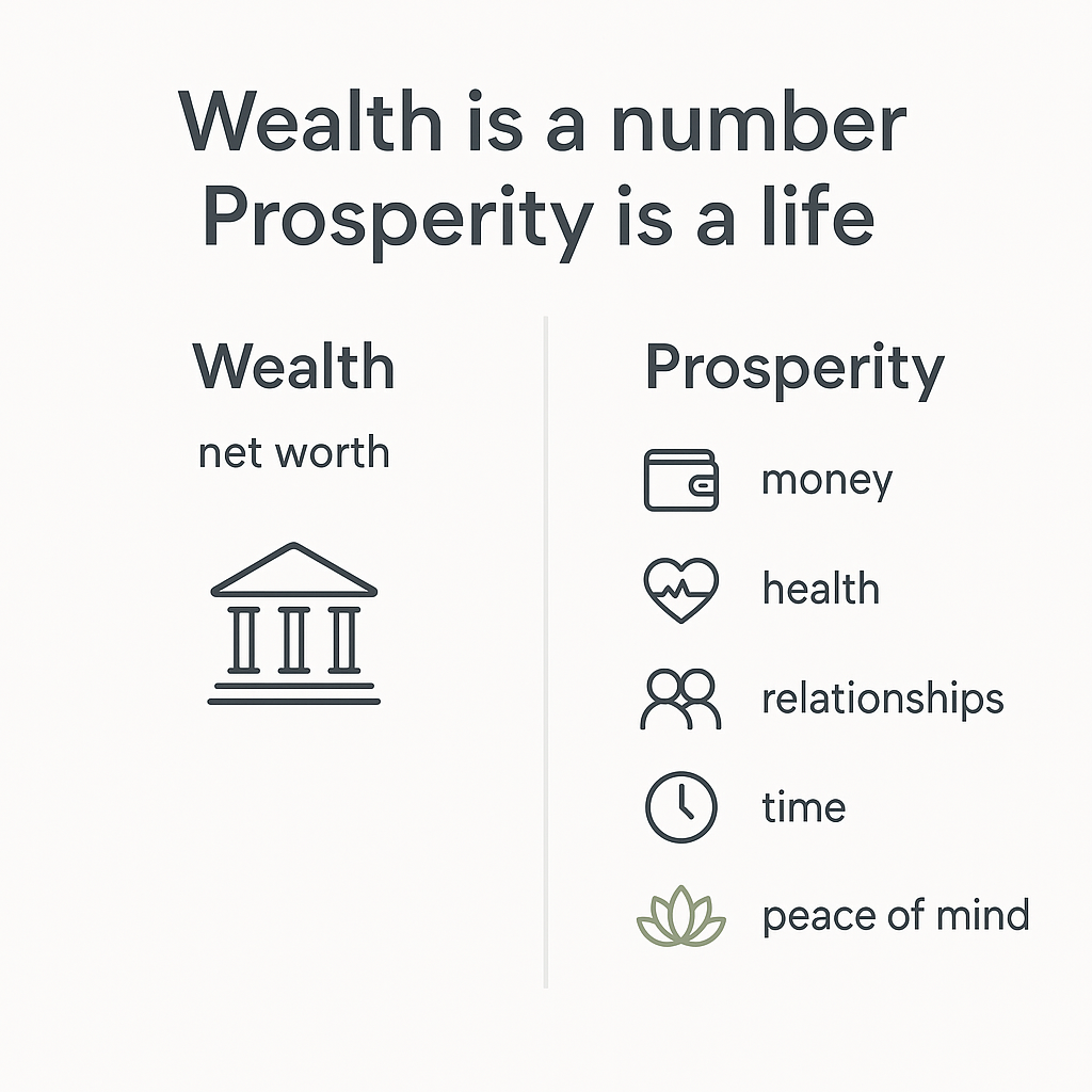 Minimalist two-column infographic: left column 'Wealth' (net worth), right column 'Prosperity' (money, health, relationships, time, peace of mind); title 'Wealth is a number ,  Prosperity is a life'; clean white background, simple icons; no numbers or extra text.